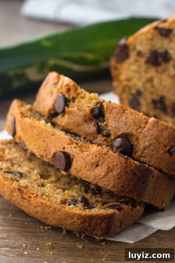 Moist Chocolate Chip Zucchini Bread Recipe with Warm Spices 5 Chocolate Chip Zucchini Bread Recipe - a super flavorful zucchini bread that's filled with chocolate.