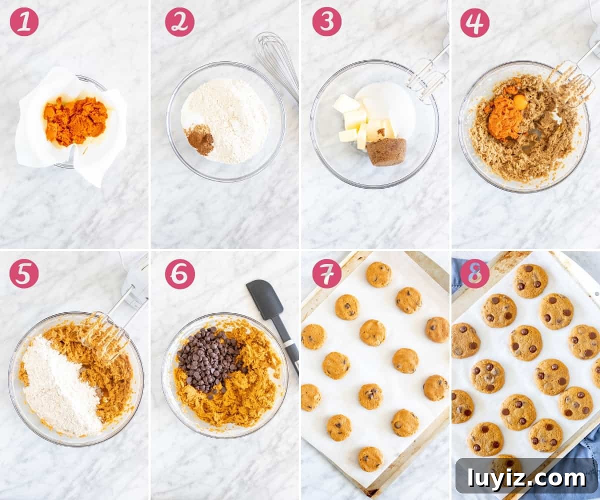 Pumpkin Chocolate Chip Cookie Recipe for Soft, Chewy Treats 4 Collage of making pumpkin cookies
