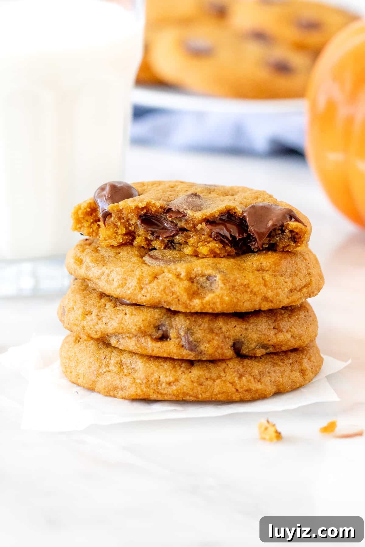 Pumpkin Chocolate Chip Cookie Recipe for Soft, Chewy Treats 5 Stack of pumpkin chocolate chip cookies with glass of milk