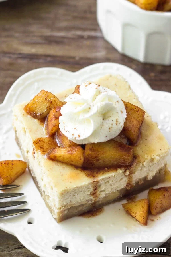Apple Cheesecake Bars with Cinnamon Streusel Recipe 2 Apple cheesecake bars tasting like apple pie in creamy cheesecake form