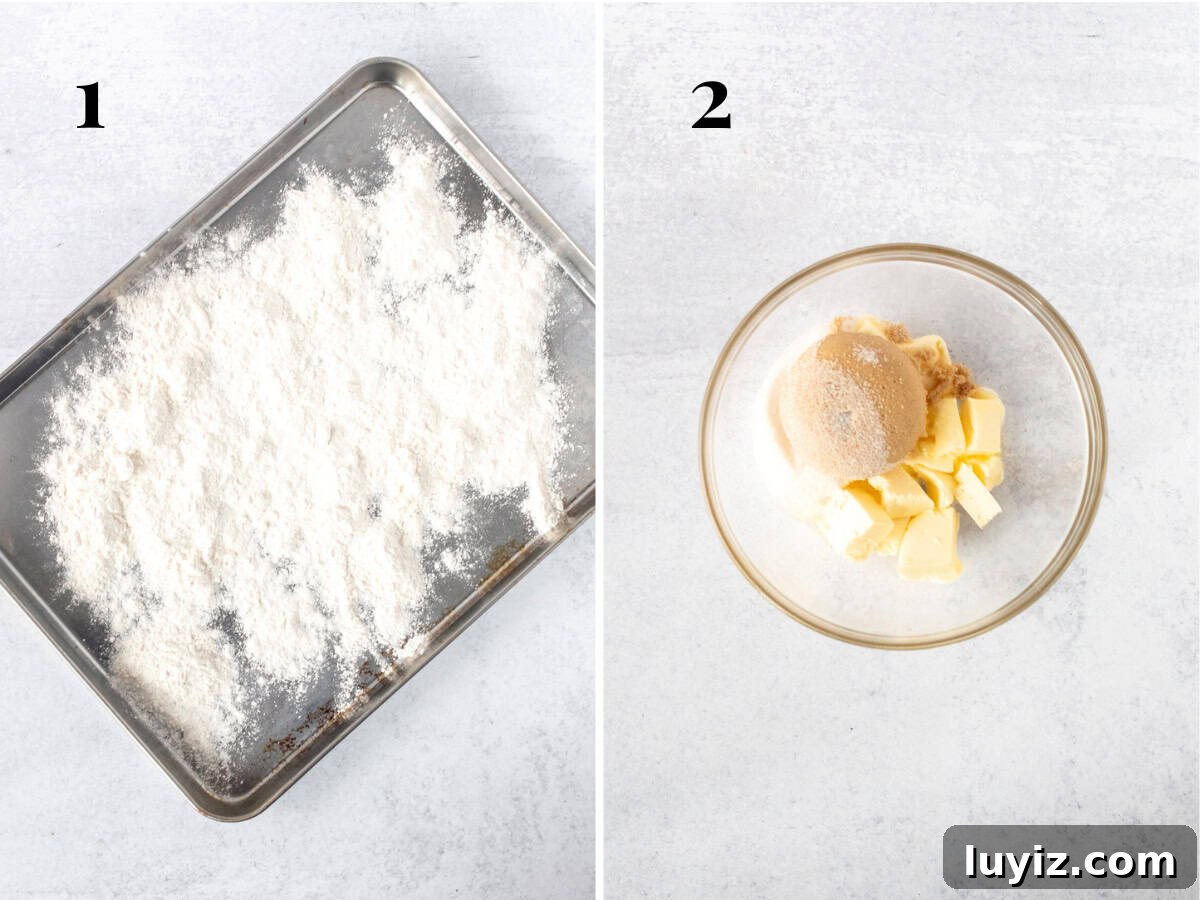 Safe-to-Eat Cookie Dough Recipe: No-Bake Enjoyment 6 Flour on a cookie tray and bowl of butter and sugars