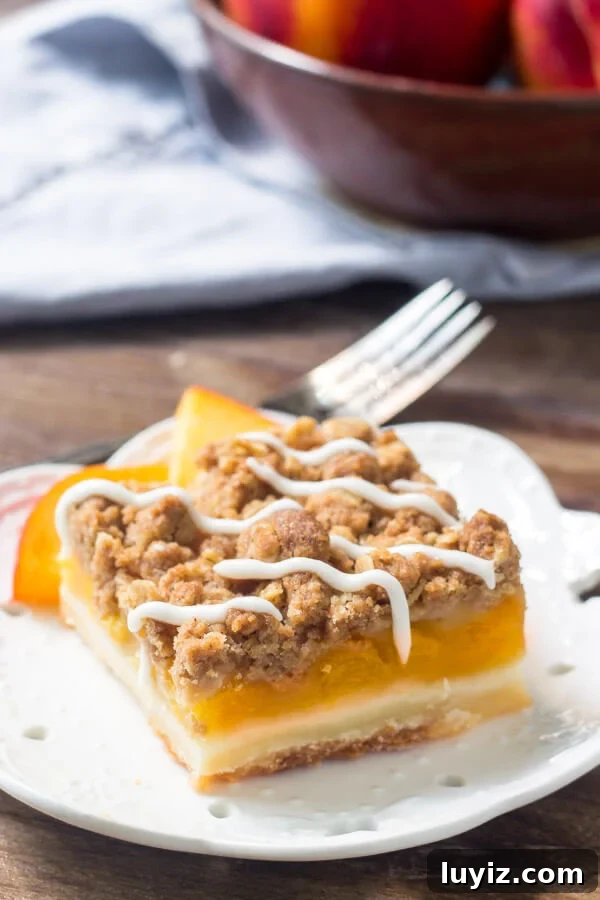 Peach Crumble Bars with Buttery Oat Streusel 6 Peach Pie Crumb Bars are filled with juicy peaches & topped with buttery streusel topping.