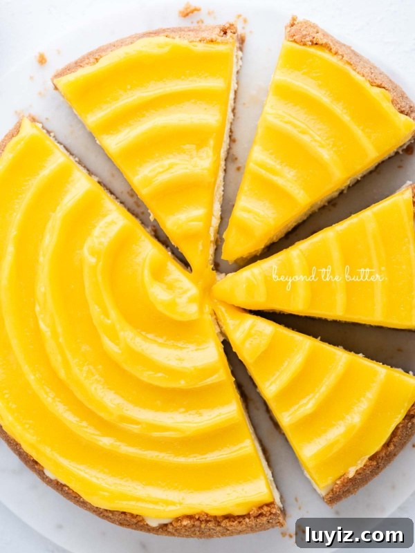 Cream Cheese Swirled Chocolate Chip Brownies 20 Lemon cheesecake topped with lemon curd, sliced on a marble plate.