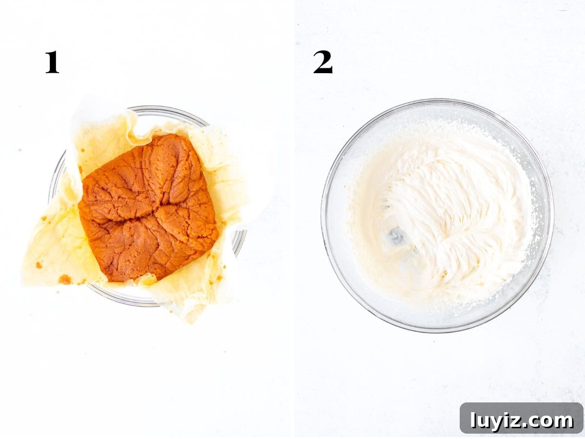 No-Bake Pumpkin Cheesecake Recipe: Creamy Fall Dessert in Minutes 5 Bowl of blotted pumpkin puree and bowl of whipped cream