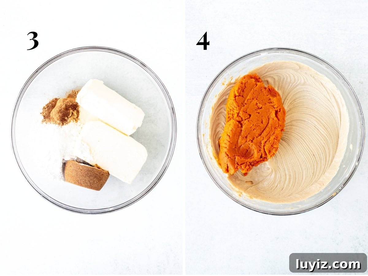 No-Bake Pumpkin Cheesecake Recipe: Creamy Fall Dessert in Minutes 6 Bowl of cream cheese, sugars and spices, and bowl of cream cheese mixture beaten together with pumpkin puree added into the bowl.