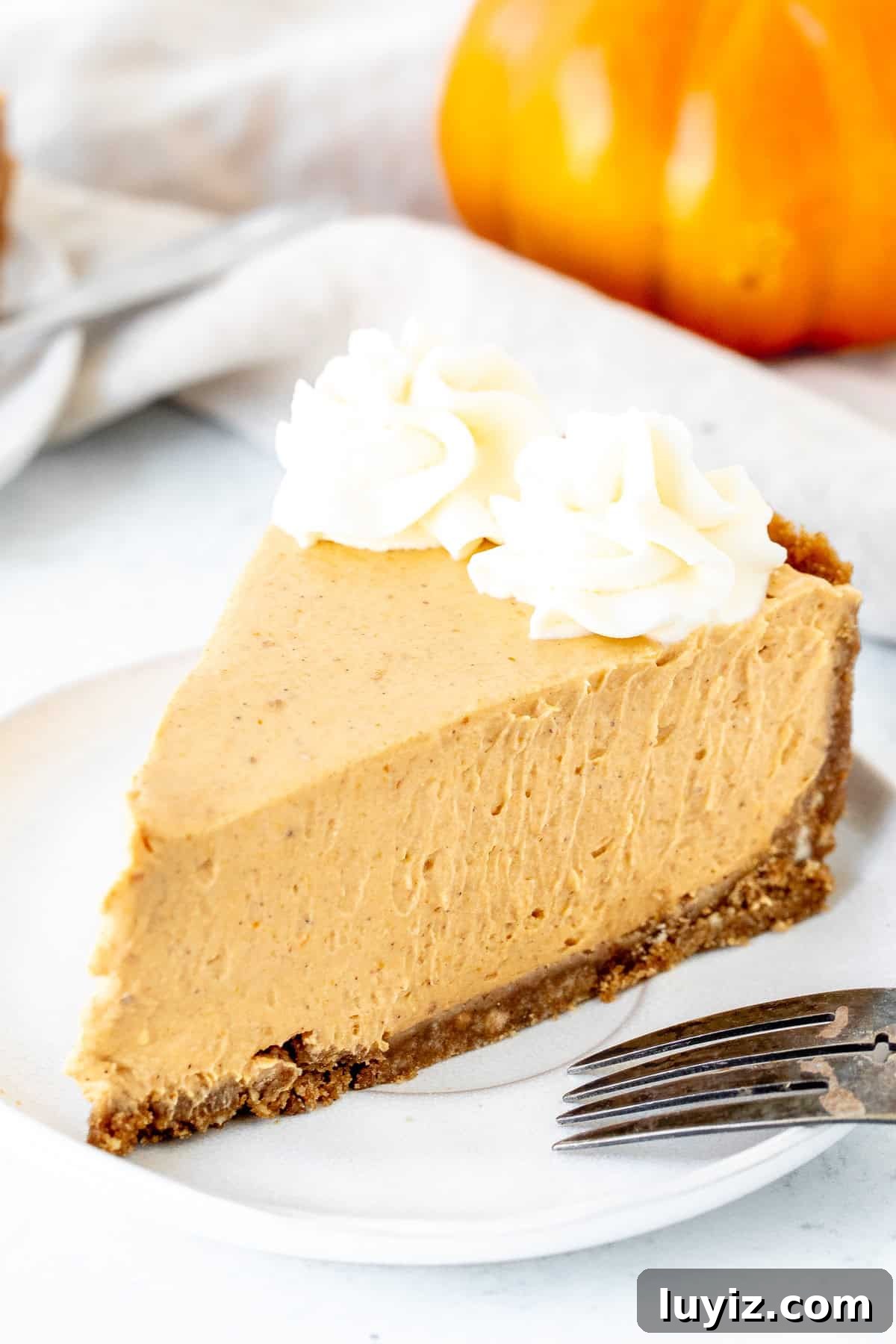 No-Bake Pumpkin Cheesecake Recipe: Creamy Fall Dessert in Minutes 8 Piece of pumpkin cheesecake with cinnamon graham crust and topped with whipped cream