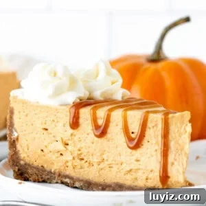 Slice of no bake pumpkin cheesecake topped with whipped cream and a drizzle of caramel sauce