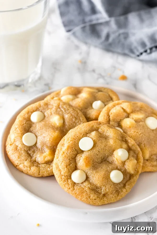 Chewy White Chocolate Chip Cookie Recipe You’ll Love 2 A plate of chewy white chocolate chip cookies.