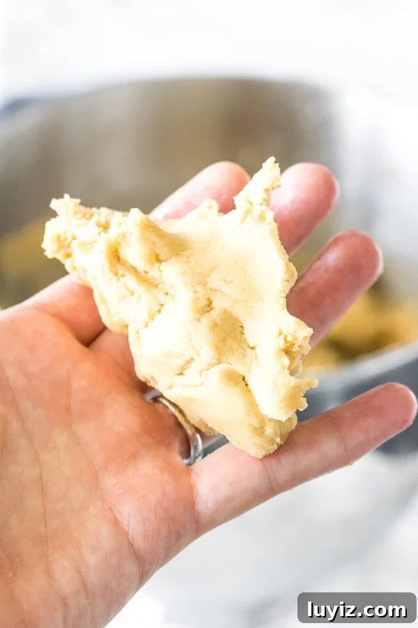 Chewy White Chocolate Chip Cookie Recipe You’ll Love 4 White chocolate chip cookie dough after being squeezed in a palm.