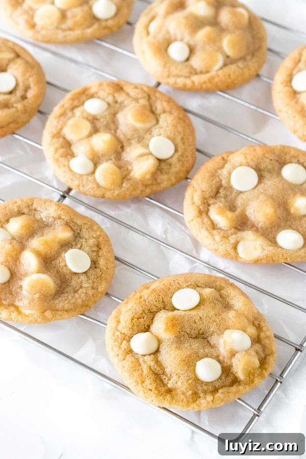Chewy White Chocolate Chip Cookie Recipe You’ll Love 5 White chocolate chip cookies on a cooling rack.