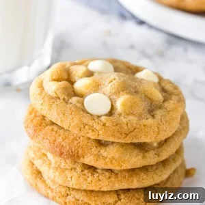 A stack of white chocolate chip cookies.
