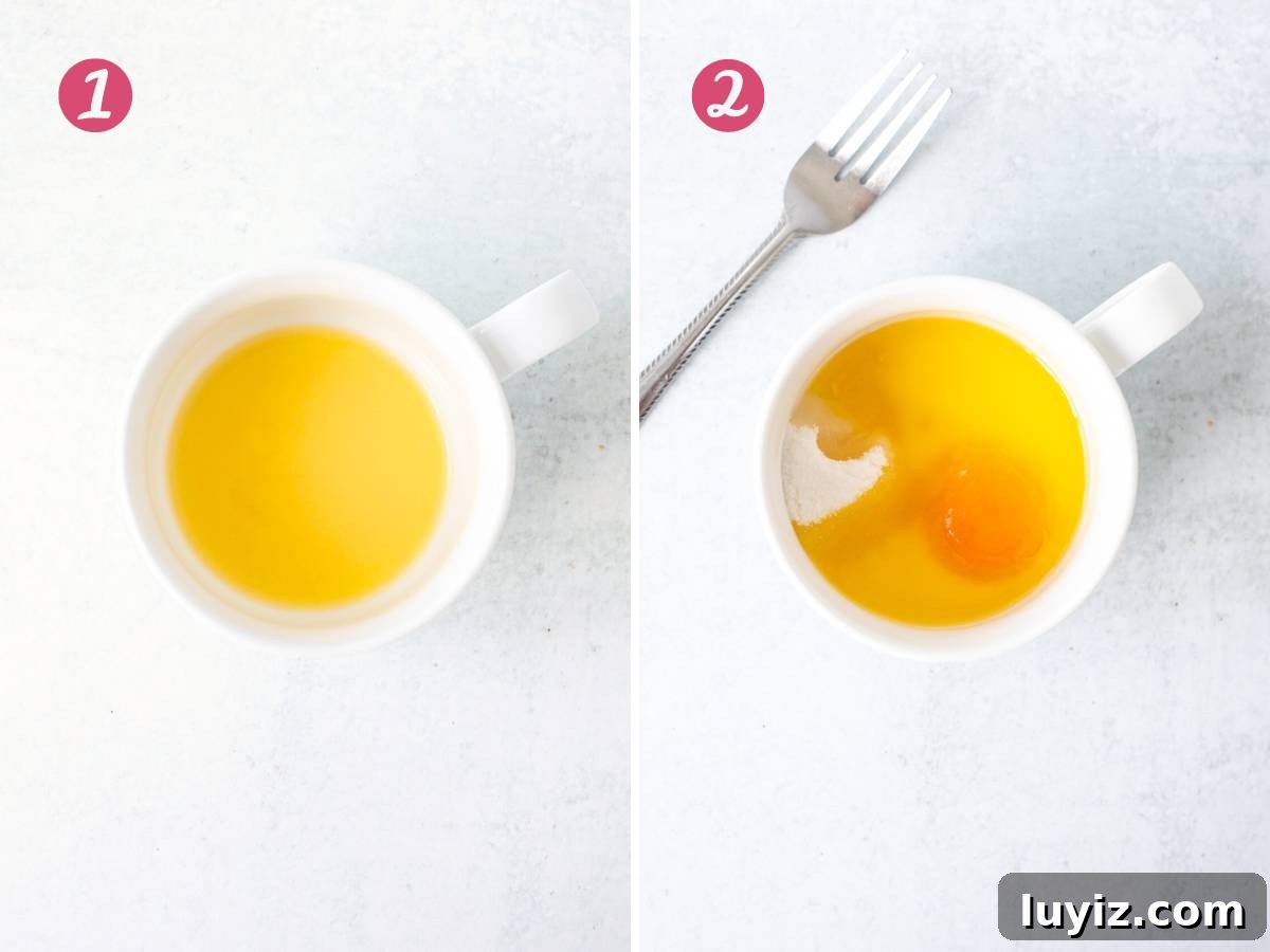 Quick Vanilla Mug Cake Recipe for One — Ready in Minutes 4 Mug with melted butter, and mug with melted butter, egg yolk, sugar, and milk