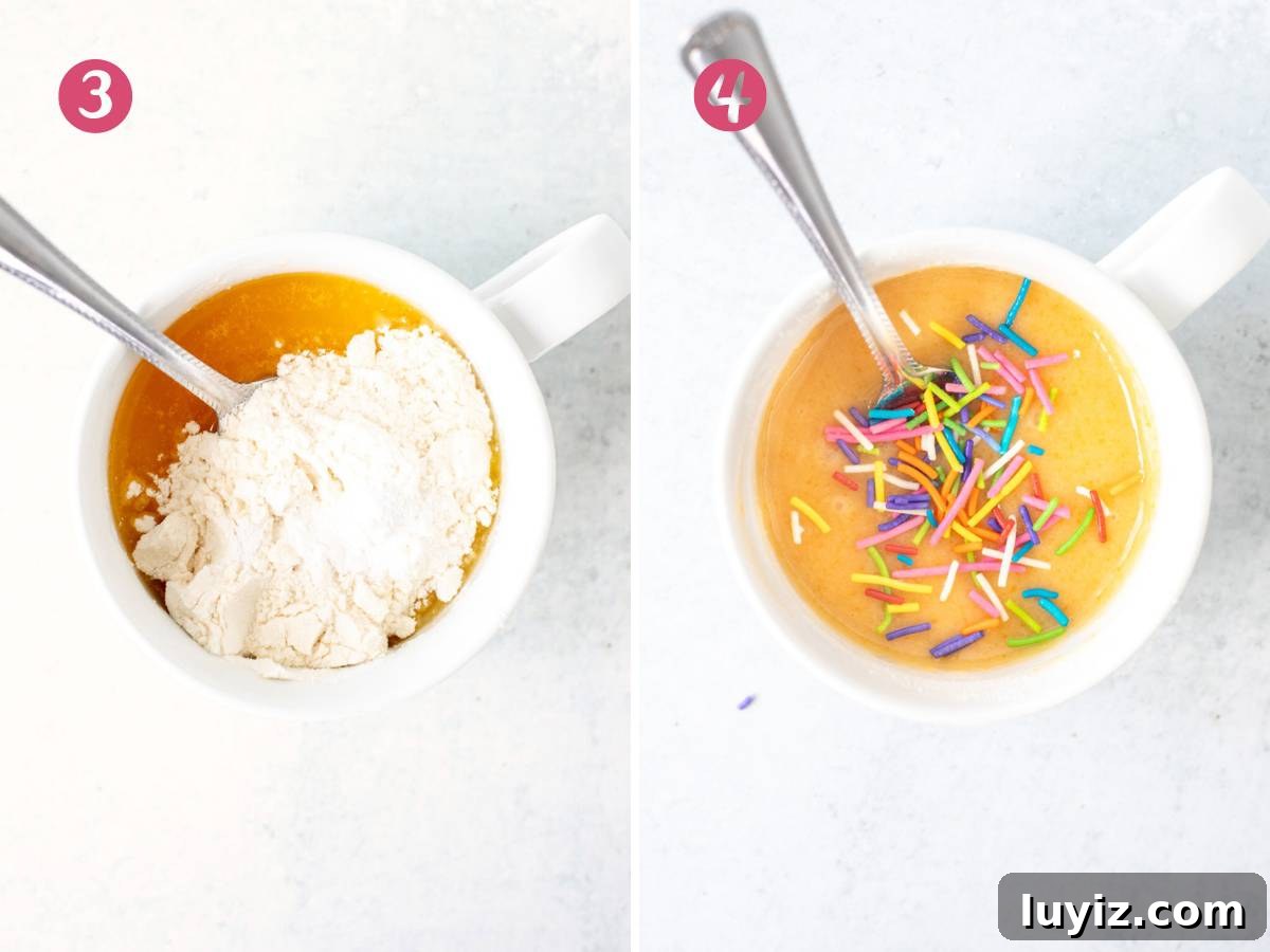 Quick Vanilla Mug Cake Recipe for One — Ready in Minutes 5 Unbaked mug cake with dry ingredients added in, and unbaked mug cake with sprinkles