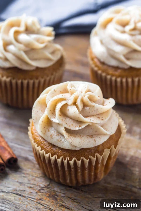 Pumpkin Cupcakes with Cinnamon Cream Cheese Frosting Recipe 3 Moist pumpkin spice cupcakes topped with cinnamon cream cheese frosting.
