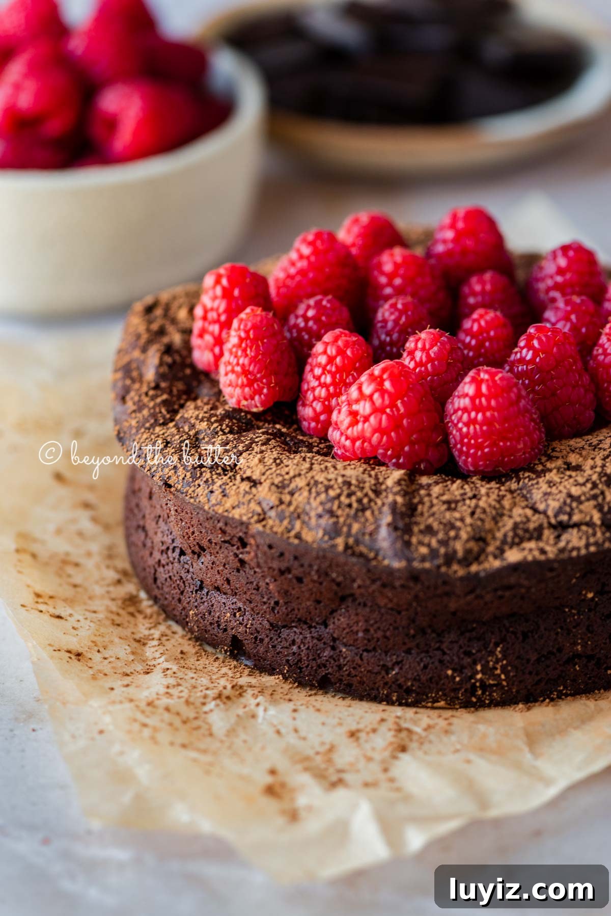 Flourless Mini Chocolate Cake Recipe for Rich Dessert 3 Small flourless chocolate cake topped with cocoa powder and fresh raspberries on parchment paper | All images © Beyond the Butter®