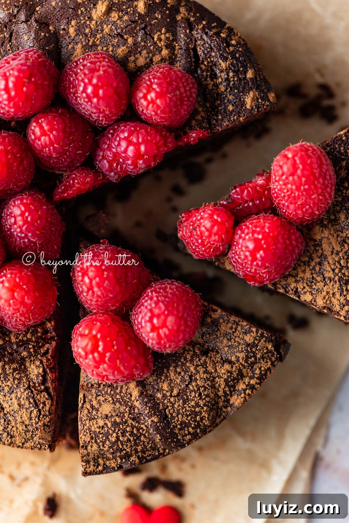 Flourless Mini Chocolate Cake Recipe for Rich Dessert 5 Sliced small flourless chocolate cake topped with cocoa powder and fresh raspberries on parchment paper | All images © Beyond the Butter®