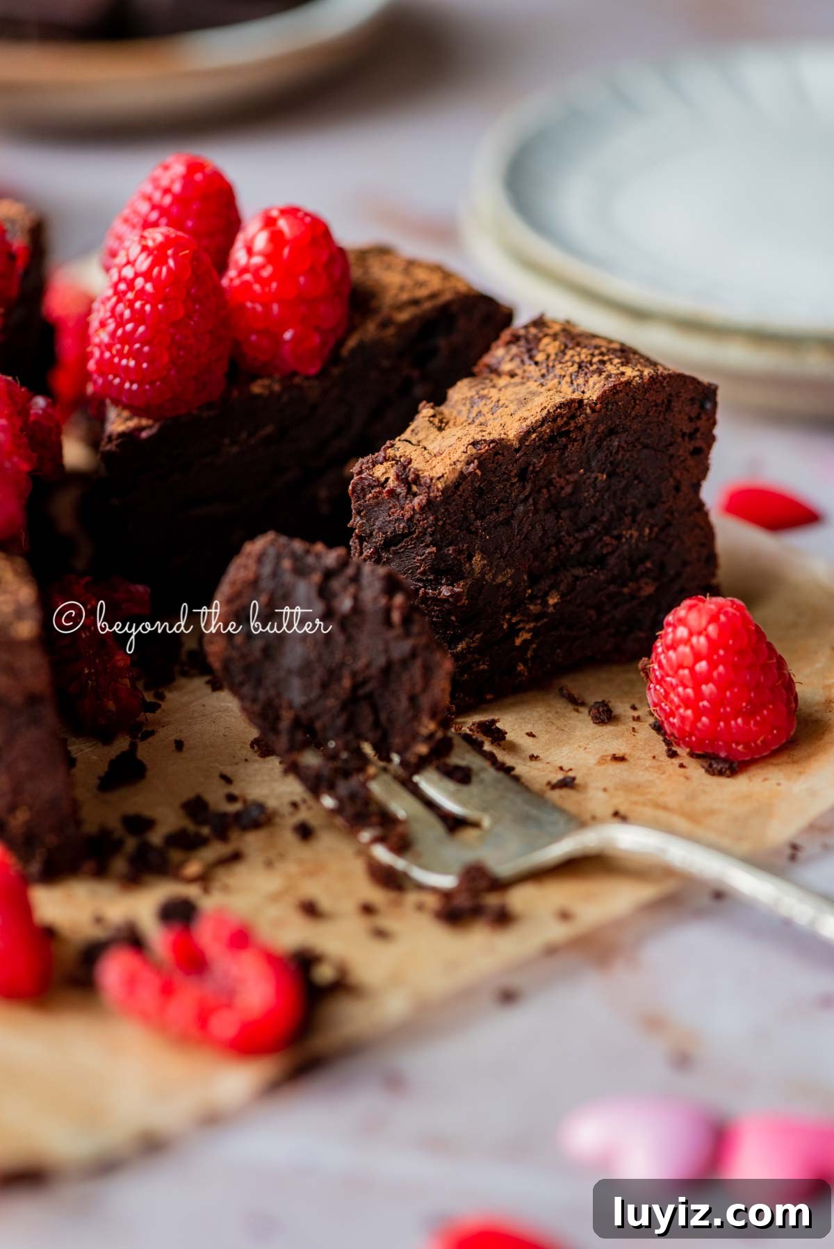Flourless Mini Chocolate Cake Recipe for Rich Dessert 8 Partially eaten small flourless chocolate cake with fork on parchment paper | All images © Beyond the Butter®