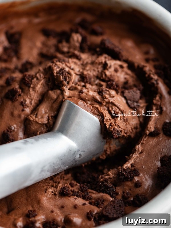 Flourless Mini Chocolate Cake Recipe for Rich Dessert 10 Scooping chocolate brownie ice cream out of a round stainless steel container with a chilled ice cream scoop.