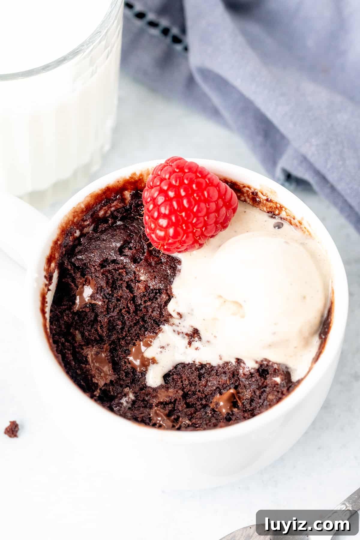 Decadent 2-Minute Chocolate Mug Cake Recipe 2 Chocolate mug cake with a scoop of ice cream with a bite taken out of it.