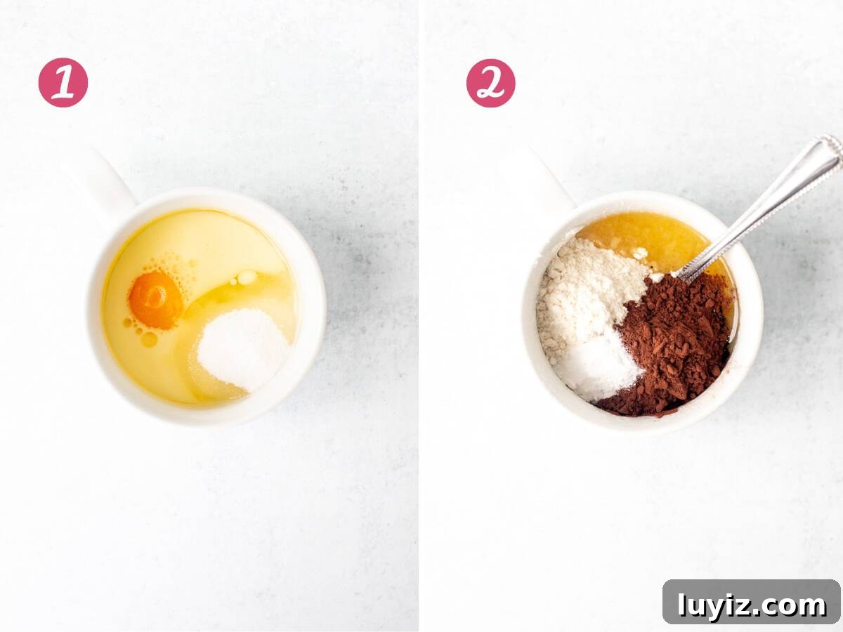 Decadent 2-Minute Chocolate Mug Cake Recipe 3 Cup with milk, egg yolk, milk and sugar - and cup with dry ingredients added.