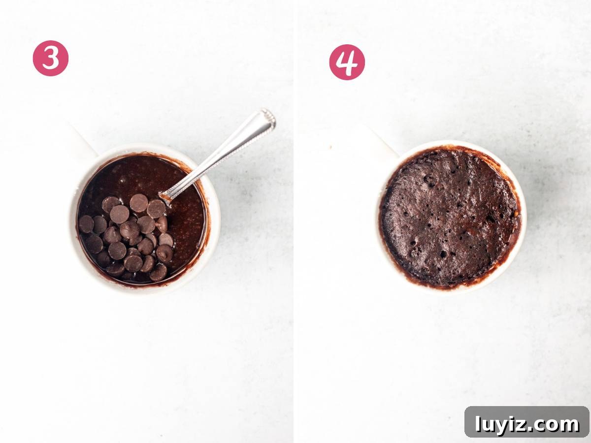 Decadent 2-Minute Chocolate Mug Cake Recipe 4 Unbaked chocolate mug cake with chocolate chips and baked chocolate mug cake
