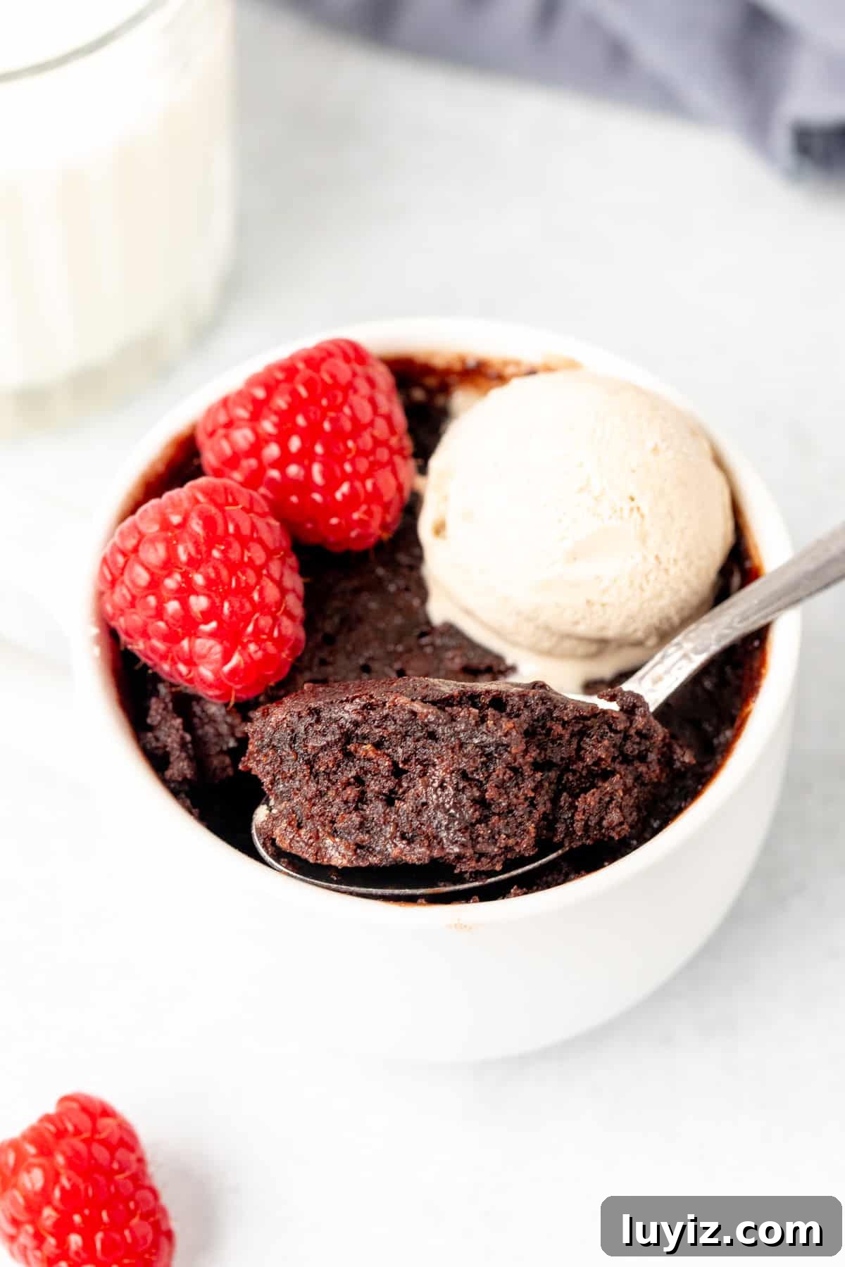 Decadent 2-Minute Chocolate Mug Cake Recipe 6 Chocolate mug cake with a spoon taken out of it