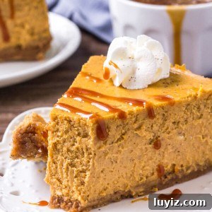Pumpkin pie cheesecake with a drizzle of salted caramel sauce - the perfect Thanksgiving dessert.