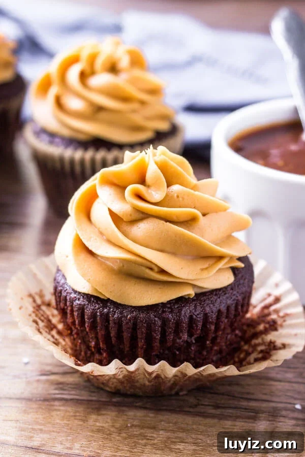 Decadent Chocolate Cupcakes with Salted Caramel Frosting 3 Chocolate caramel cupcake with salted caramel sauce.
