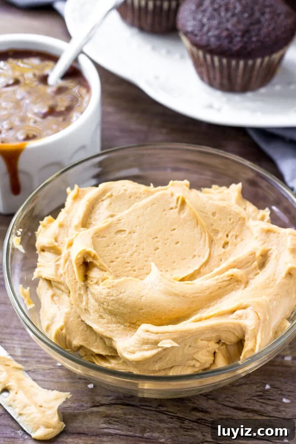 Decadent Chocolate Cupcakes with Salted Caramel Frosting 5 A bowl of salted caramel frosting for decorating chocolate cupcakes.