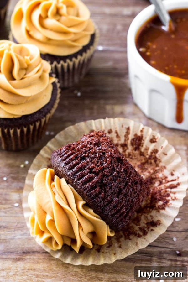 Decadent Chocolate Cupcakes with Salted Caramel Frosting 6 Chocolate caramel cupcakes - moist, tender, and frosted with tons of buttercream.