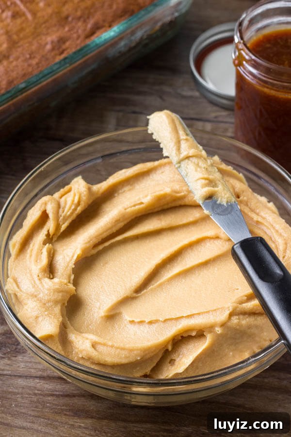 Pumpkin Cake with Caramel Cream Cheese Frosting Recipe 4 A bowl of caramel cream cheese frosting - smooth, creamy, perfectly sweet.