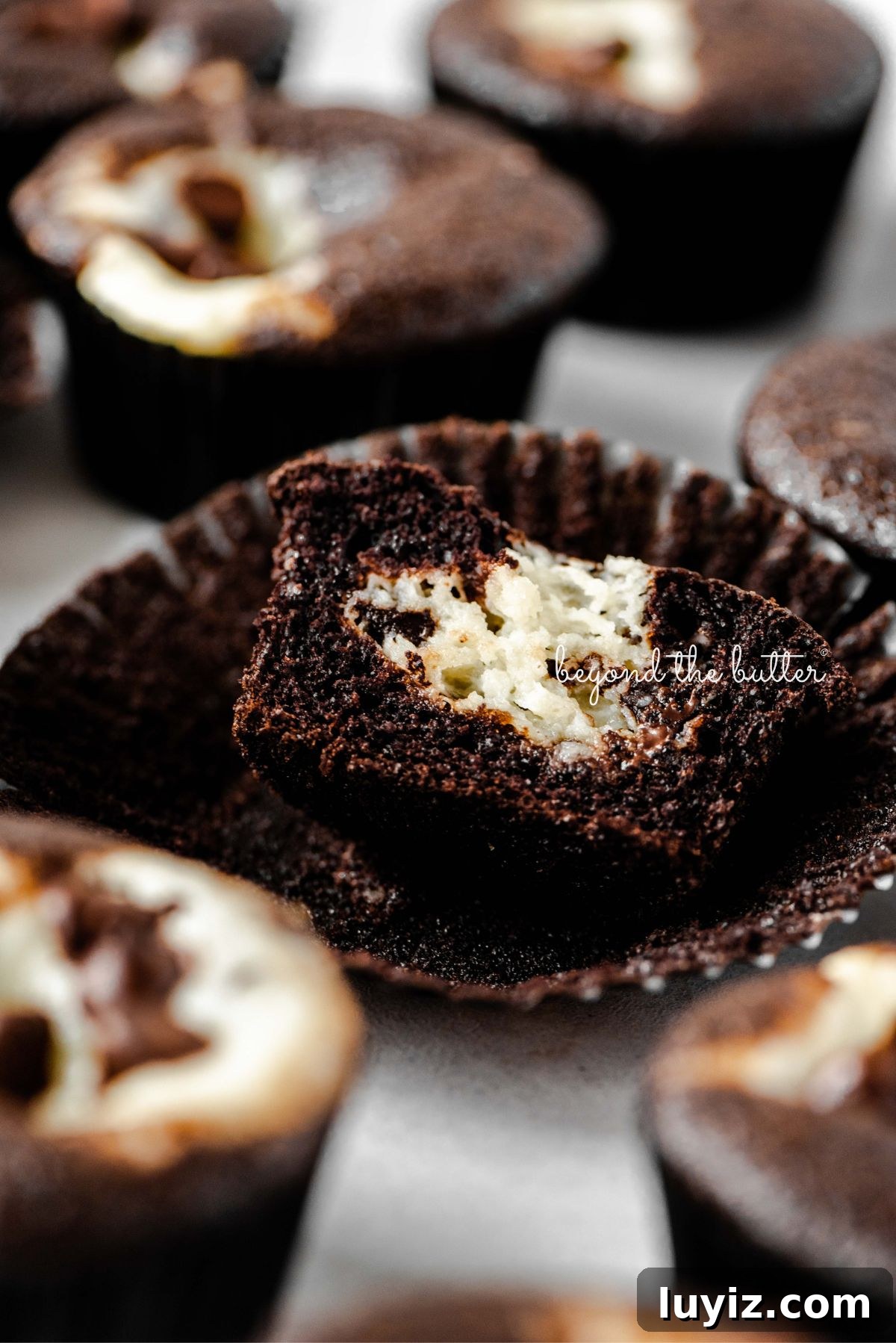 Decadent Black Bottom Cupcakes with Cream Cheese Swirl 5 Cream cheese filled chocolate cupcakes topped with semi-sweet chocolate chips randomly placed on a light gray background with center cupcake unwrapped and sliced in half to see the cream cheese center.
