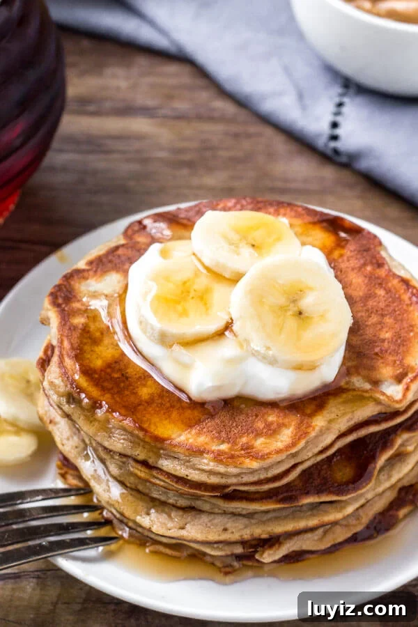 10-Minute Peanut Butter Banana Pancakes Recipe 3 A stack of these peanut butter banana pancakes is a delicious, healthy breakfast.