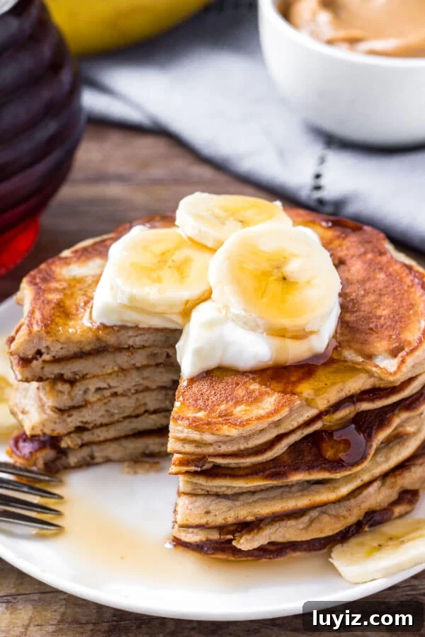 10-Minute Peanut Butter Banana Pancakes Recipe 5 These delicious peanut butter banana pancakes are filled with protein and are so easy to make.