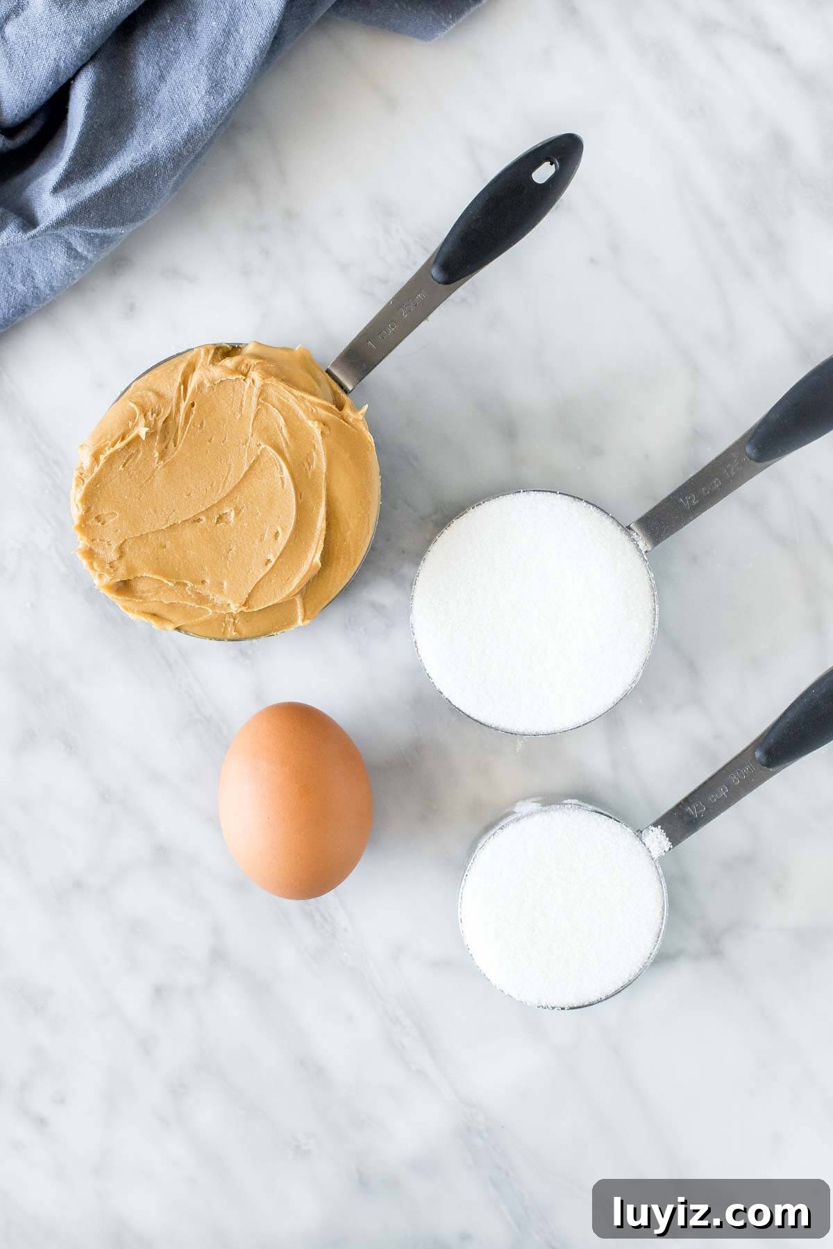 3-Ingredient Peanut Butter Cookies Recipe — Quick Homemade Treat 3 Peanut butter, white sugar and 1 egg - ingredients for measured out for making peanut butter cookies.