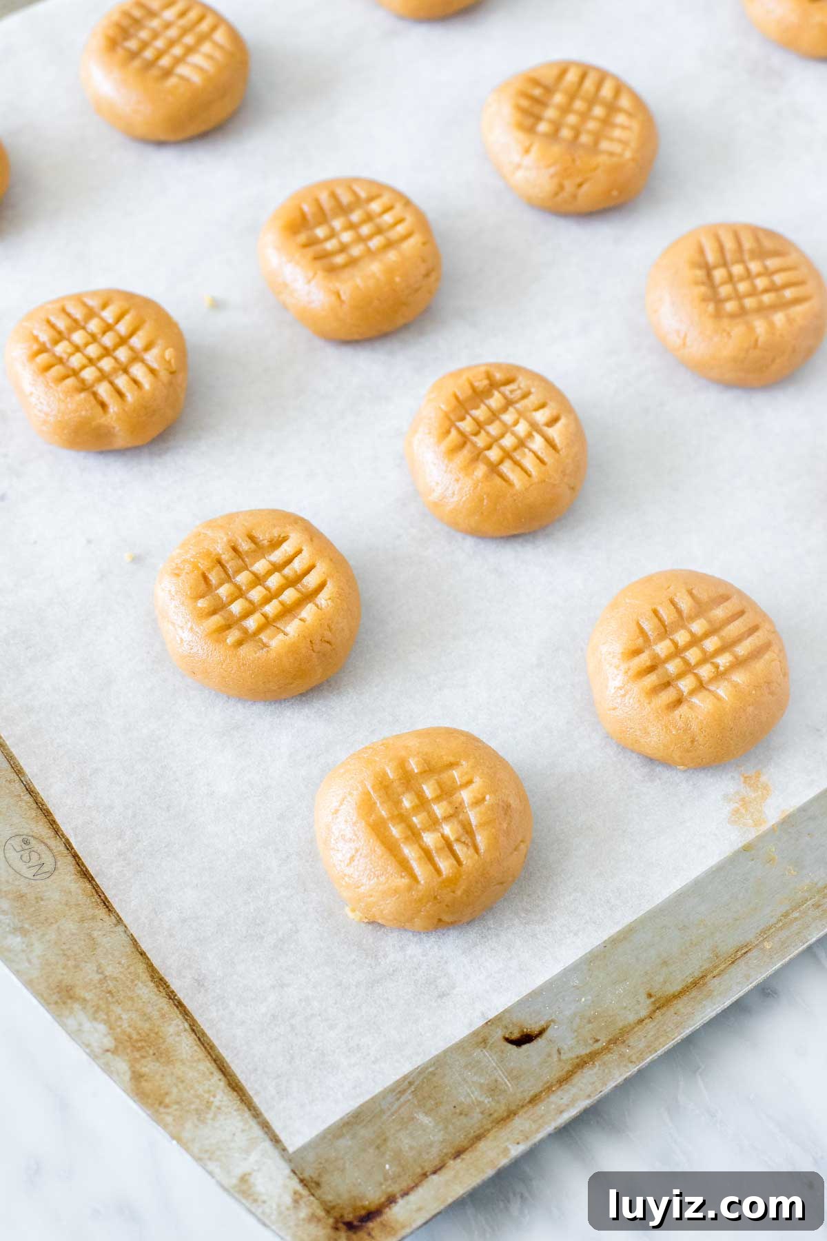3-Ingredient Peanut Butter Cookies Recipe — Quick Homemade Treat 4 Peanut butter cookies on lined baking sheet before going into the oven.