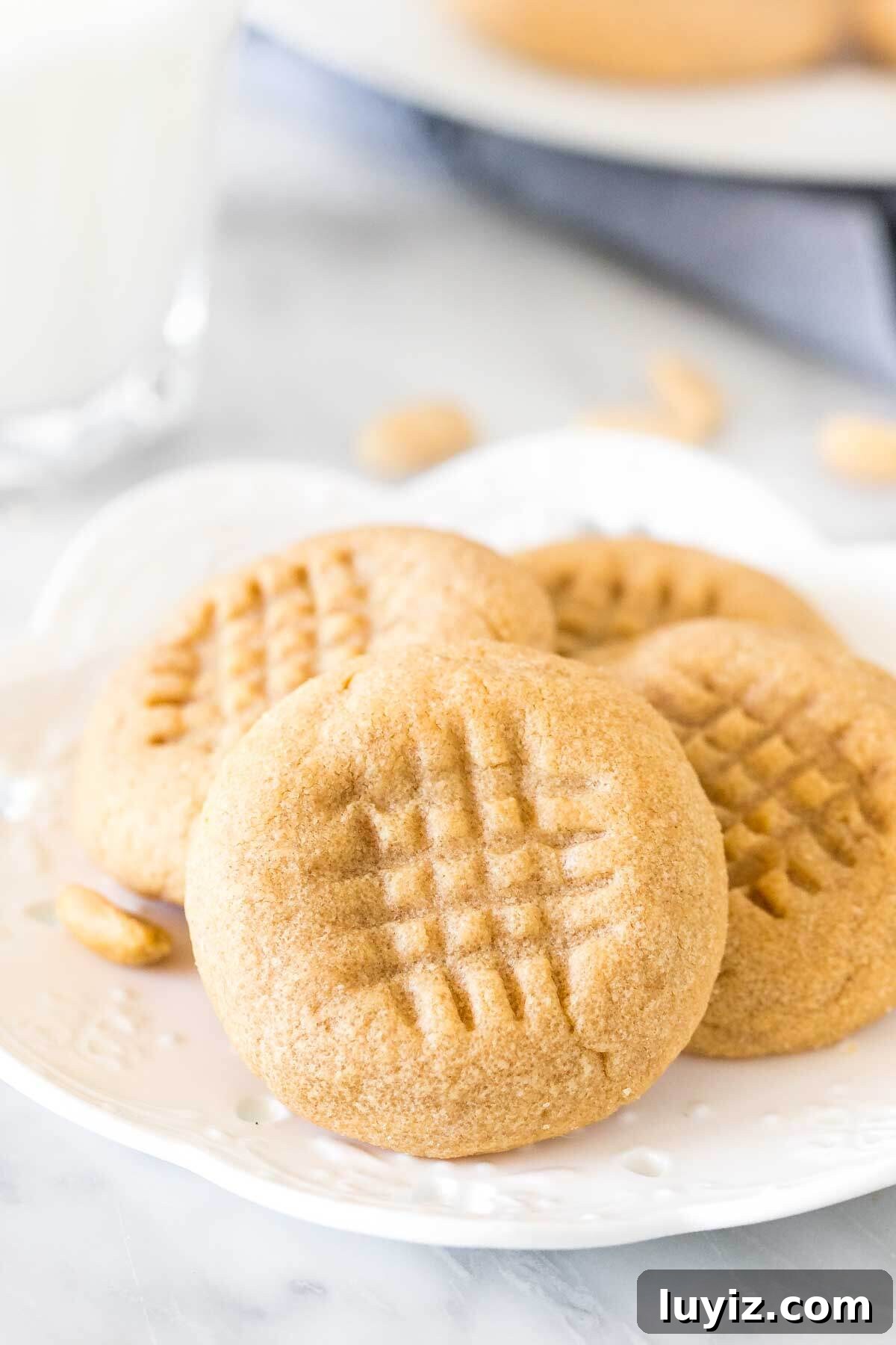 3-Ingredient Peanut Butter Cookies Recipe — Quick Homemade Treat 5 Small plate of 3 ingredient peanut butter cookies with a glass of milk.