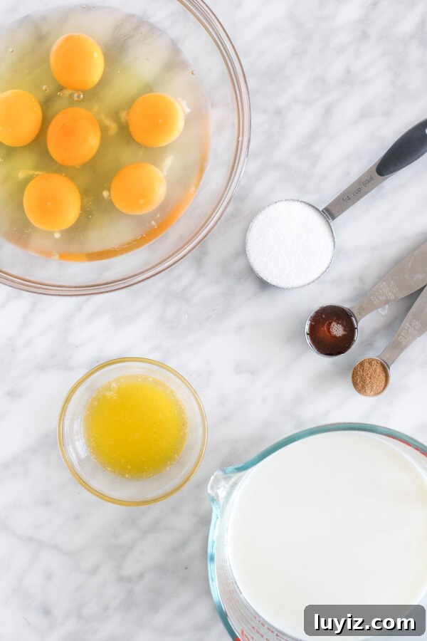 Make-Ahead French Toast Casserole for Brunch or Holiday Mornings 4 Ingredients for French toast batter.
