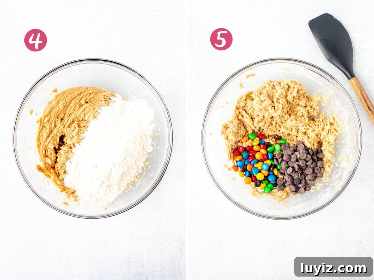 Soft & Chewy M&M Cookies That Melt in Your Mouth 5 Dry ingredients added into a bowl of cookie dough, and bowl of cookie dough with M&Ms and chocolate chips