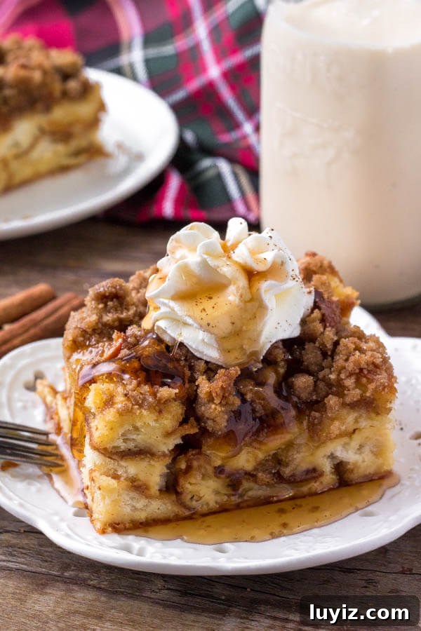 Decadent Eggnog French Toast Casserole Recipe 2 Eggnog French Toast Bake is an easy, make-ahead breakfast casserole that's perfect for the holidays. It's extra fluffy with a delicious eggnog flavor and crunchy crumble topping.
