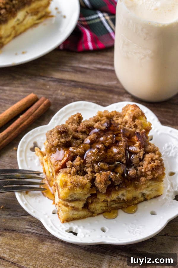 Eggnog French toast bake with streusel topping is extra fluffy with a delicious eggnog flavor