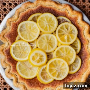 Classic Lemon Sponge Pie Recipe — Light, Zesty Dessert 14 Lemon sponge pie decorated with candied lemon sliced on seat of vintage wooden chair.