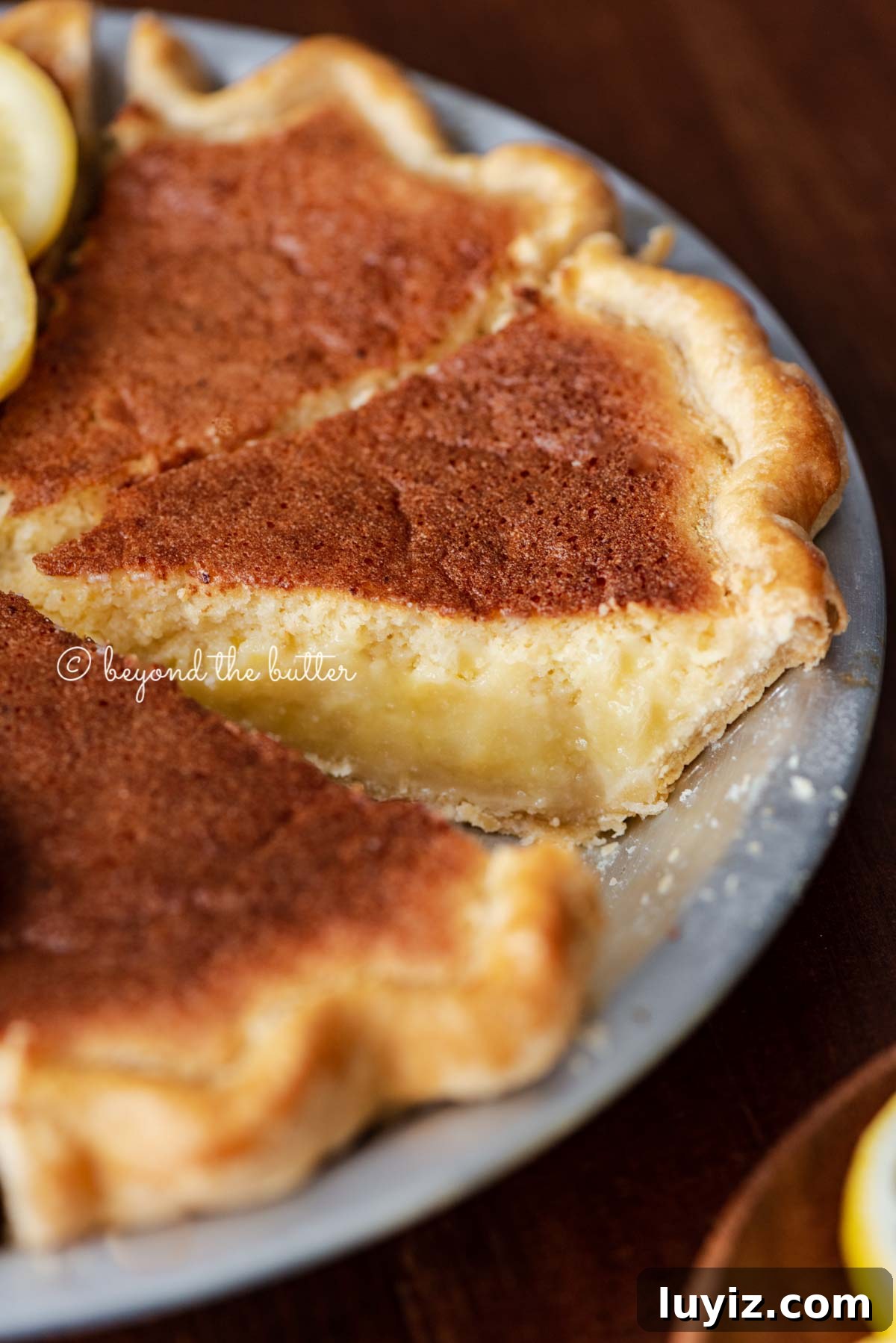 Classic Lemon Sponge Pie Recipe — Light, Zesty Dessert 4 Lemon sponge pie with cut slices on dark wood background with hot lemon tea, and small plate of sliced lemons | All images © Beyond the Butter®