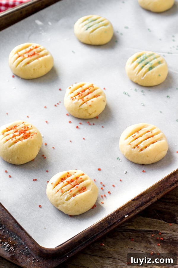Light and Fluffy Whipped Shortbread Cookies Recipe 4 Whipped shortbread cookies before going into the oven to bake.