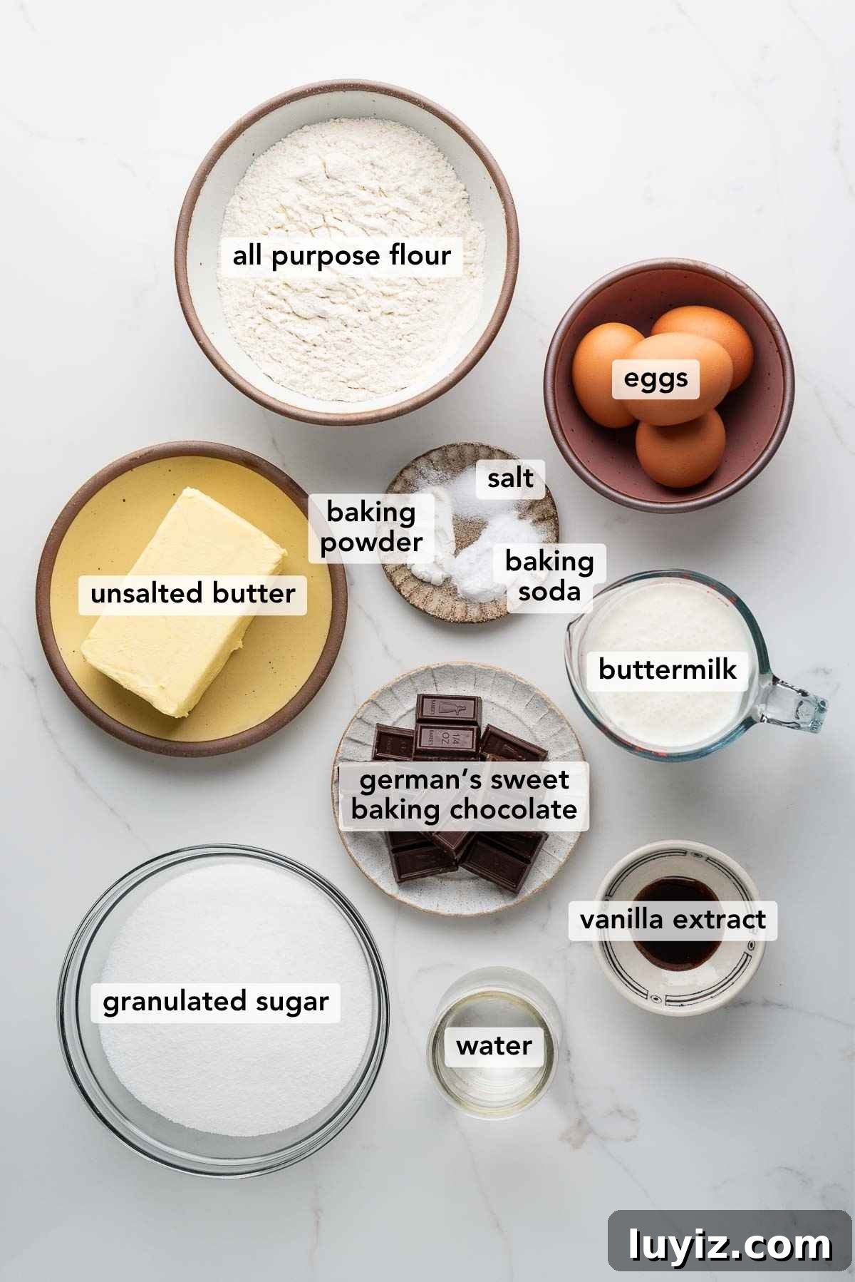 Ingredients in various size bowls labeled as all purpose flour, eggs, unsalted butter, baking powder, baking soda, salt, buttermilk, german's sweet baking chocolate, vanilla extract, water, and granulated sugar on a white marbled background.