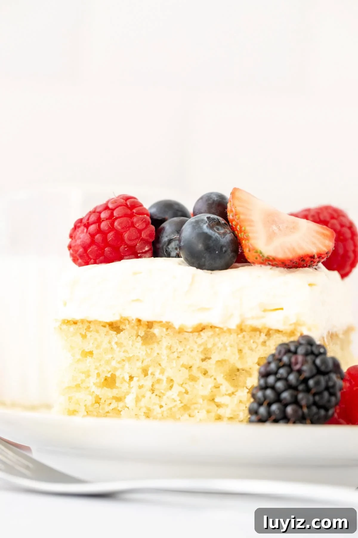 Berries & Cream Sheet Cake Recipe: Light, Fresh Dessert for Gatherings 4 Slice of vanilla cake with whipped cream and fresh berries on top