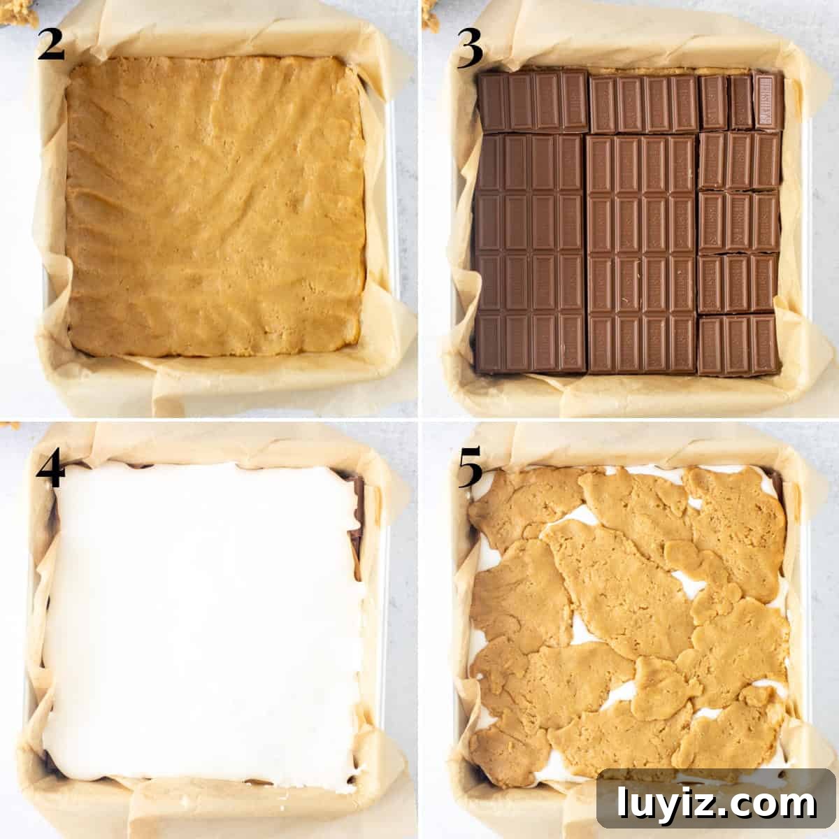 4 photos, showing step-by-step of how to assemble s'mores cookie bars