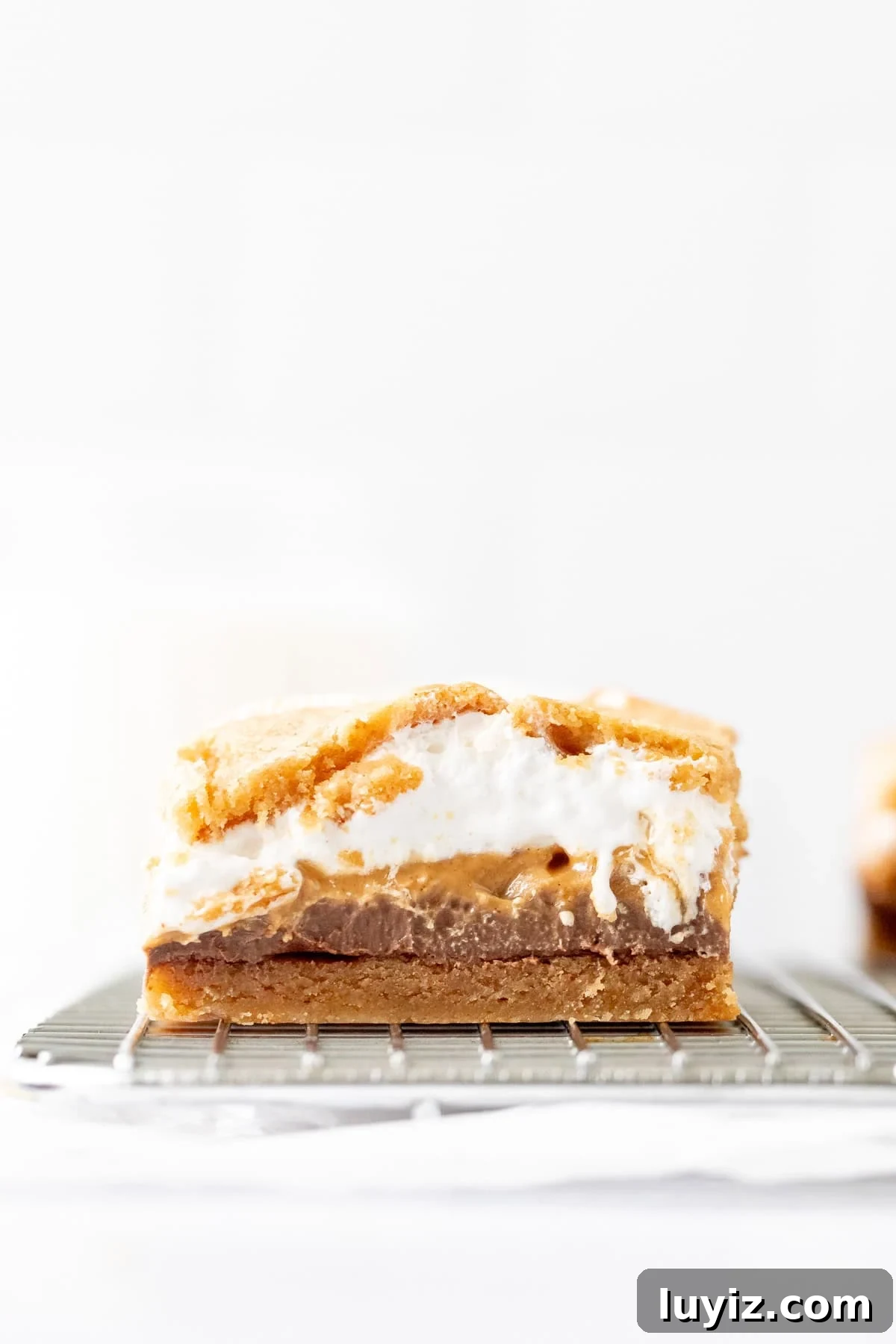 Peanut butter s'mores cookie dough bar on a cooling rack