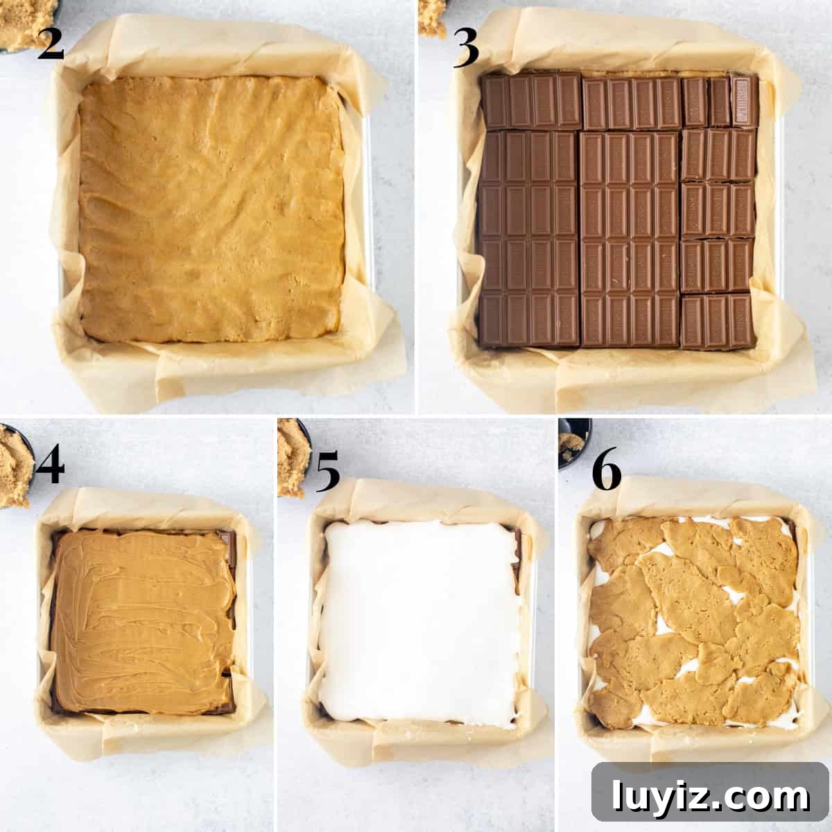Step by step photos of how to assemble peanut butter s'mores bars