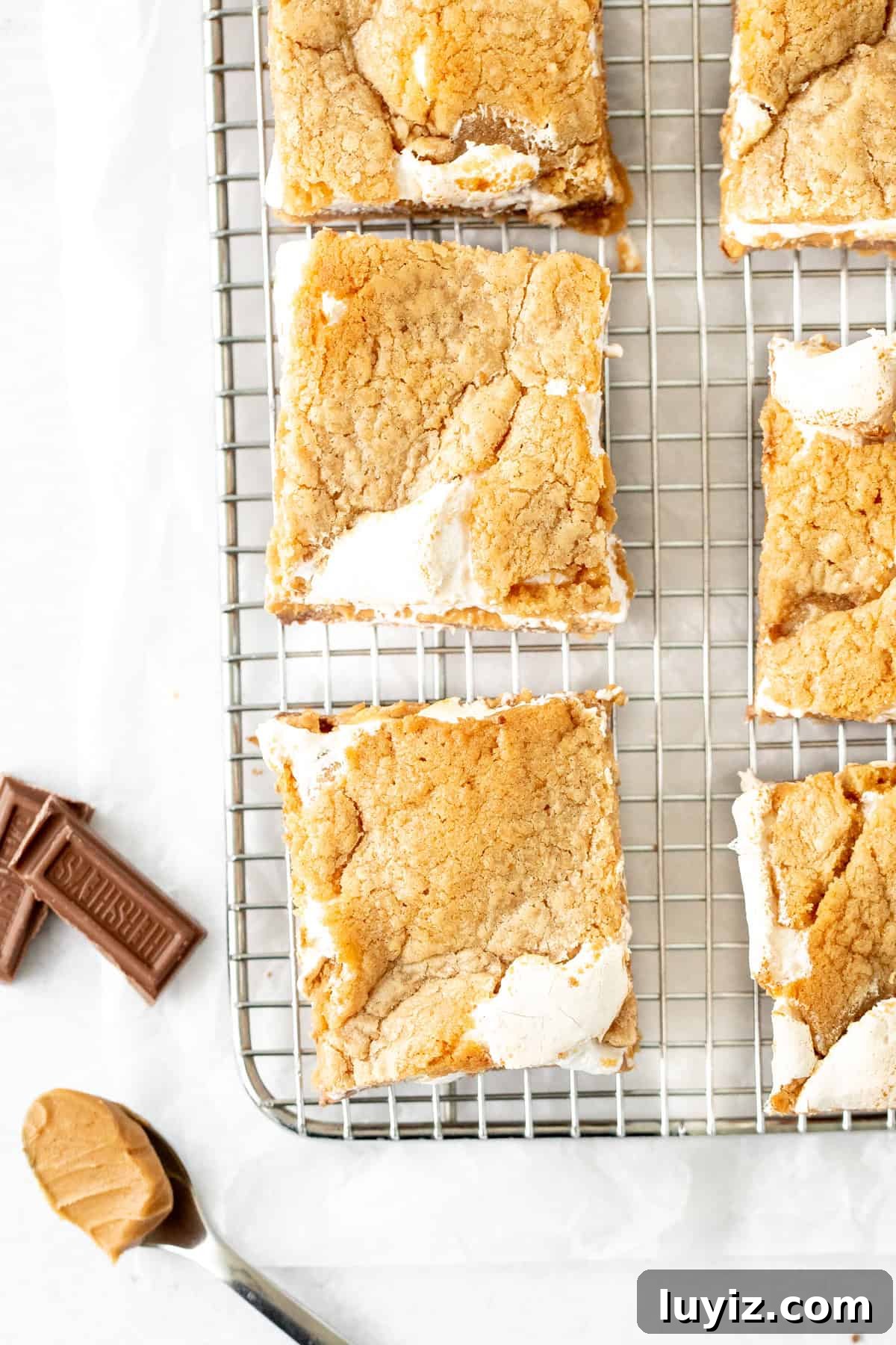 peanut butter cookie s'mores bars on a cooling rack